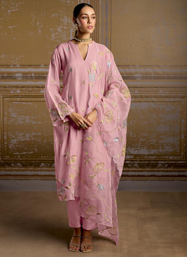 Bamber Silk Pink Traditional Wear Embroidery Work Straight Suit